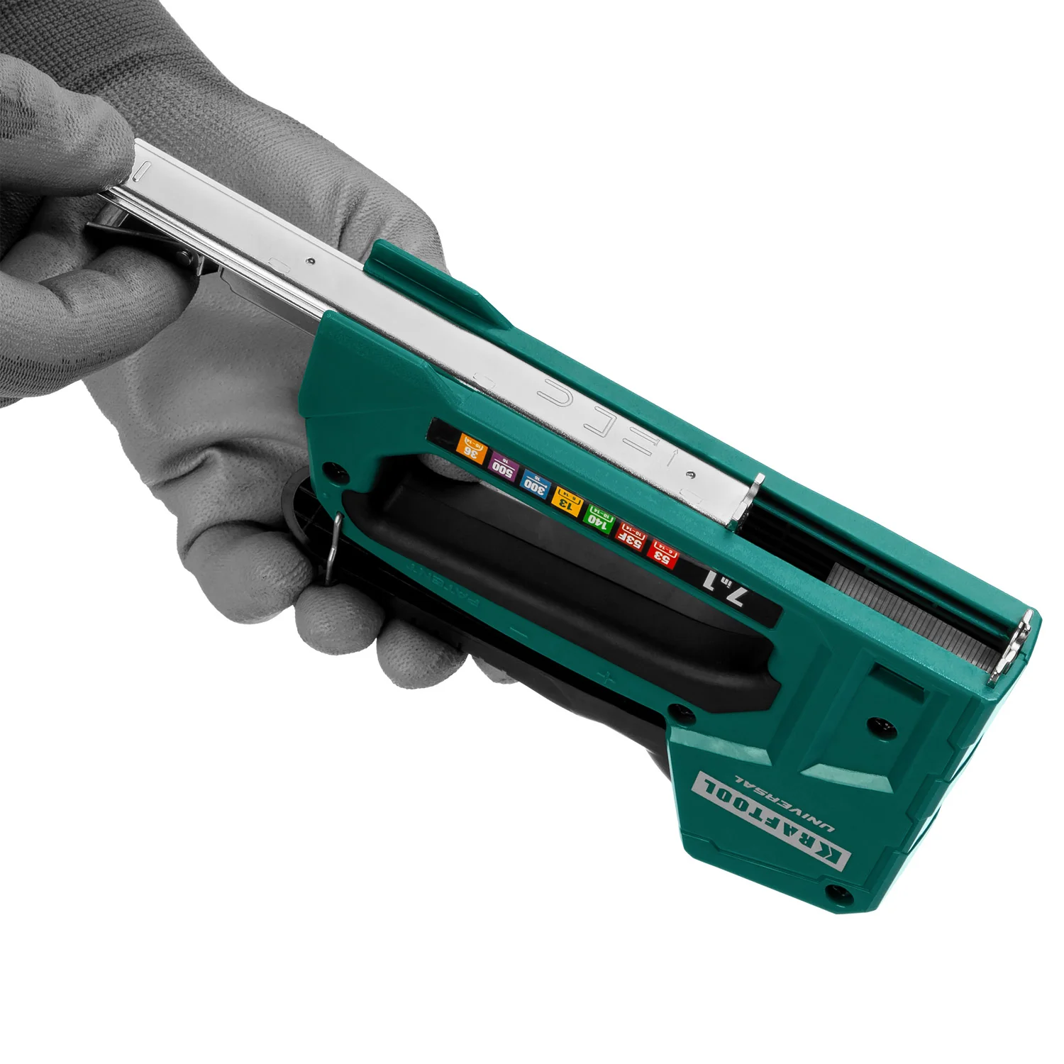 Степлер KRAFTOOL Universal, 7-в-1: 53 (A/10/JT21) 23GA (6 - 14 мм)/140 (G/11/57) 20GA (8 - 14 мм)/13/53F/36/500, унив