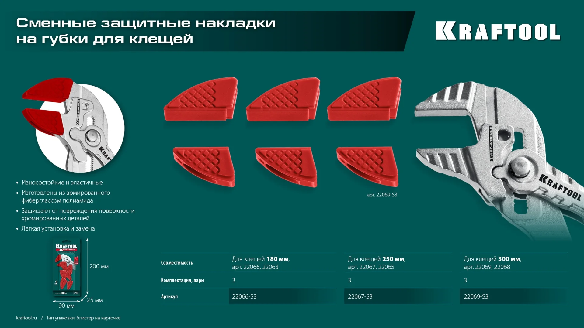 Сменные защитные накладки на губки KRAFTOOL Vise-Wrench, для клещей 180 мм, набор из 3-х пар (22066-S3)