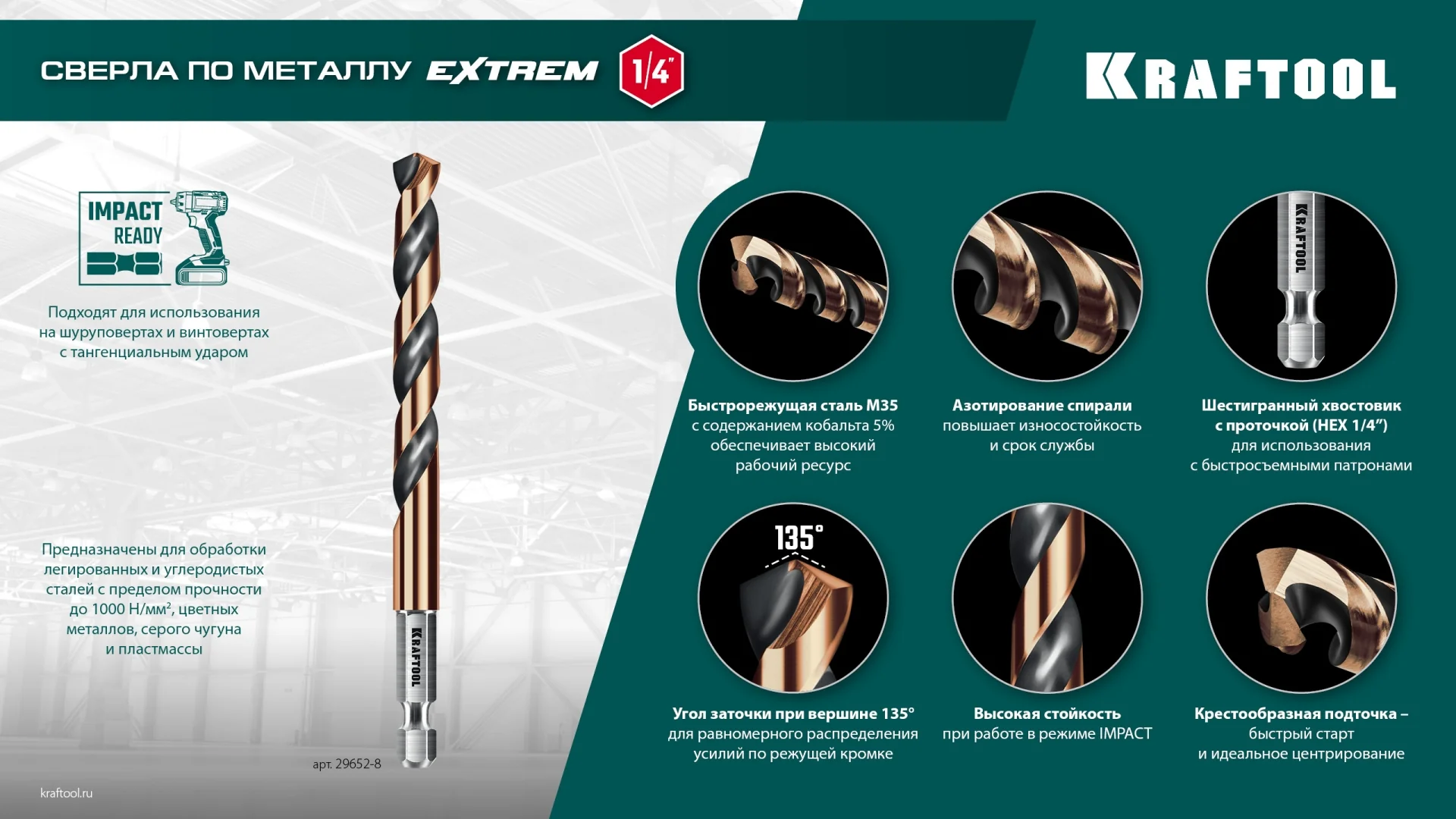 Сверло по металлу KRAFTOOL 29652-4.2 НЕХ-1/4″, d 4.2 х 83 мм, для винтовёртов и шуруповертов IMPACT READY