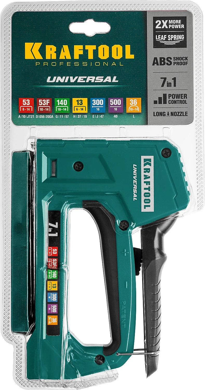 Степлер KRAFTOOL Universal, 7-в-1: 53 (A/10/JT21) 23GA (6 - 14 мм)/140 (G/11/57) 20GA (8 - 14 мм)/13/53F/36/500, унив