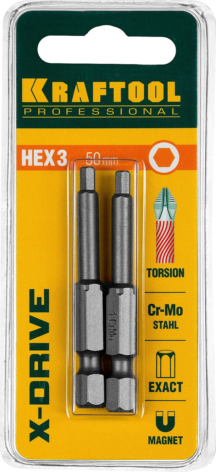 Торсионные биты KRAFTOOL X-Drive Hex 3, 50 мм, 2 шт (26127-3-50-2)